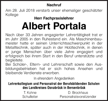 Traueranzeige von Albert Portala von Neue Osnabrücker Zeitung GmbH & Co. KG