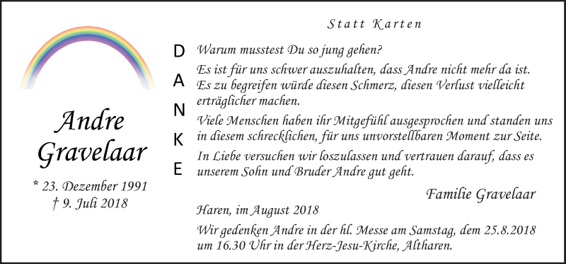  Traueranzeige für Andre Gravelaar vom 21.08.2018 aus Neue Osnabrücker Zeitung GmbH & Co. KG