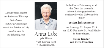 Traueranzeige von Anna Lake von Neue Osnabrücker Zeitung GmbH & Co. KG