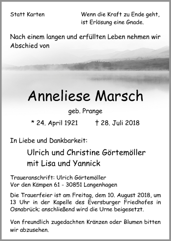 Traueranzeige von Anneliese Marsch von Neue Osnabrücker Zeitung GmbH & Co. KG