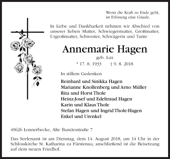Traueranzeige von Annemarie Hagen von Neue Osnabrücker Zeitung GmbH & Co. KG