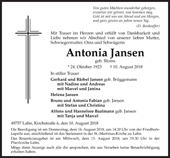 Traueranzeige von Antonia Jansen von Neue Osnabrücker Zeitung GmbH & Co. KG