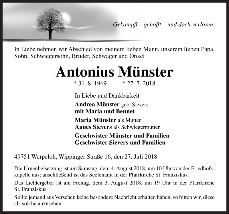  Traueranzeige für Antonius Münster vom 01.08.2018 aus Neue Osnabrücker Zeitung GmbH & Co. KG