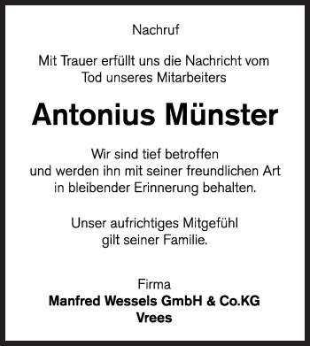 Traueranzeige von Antonius Münster von Neue Osnabrücker Zeitung GmbH & Co. KG