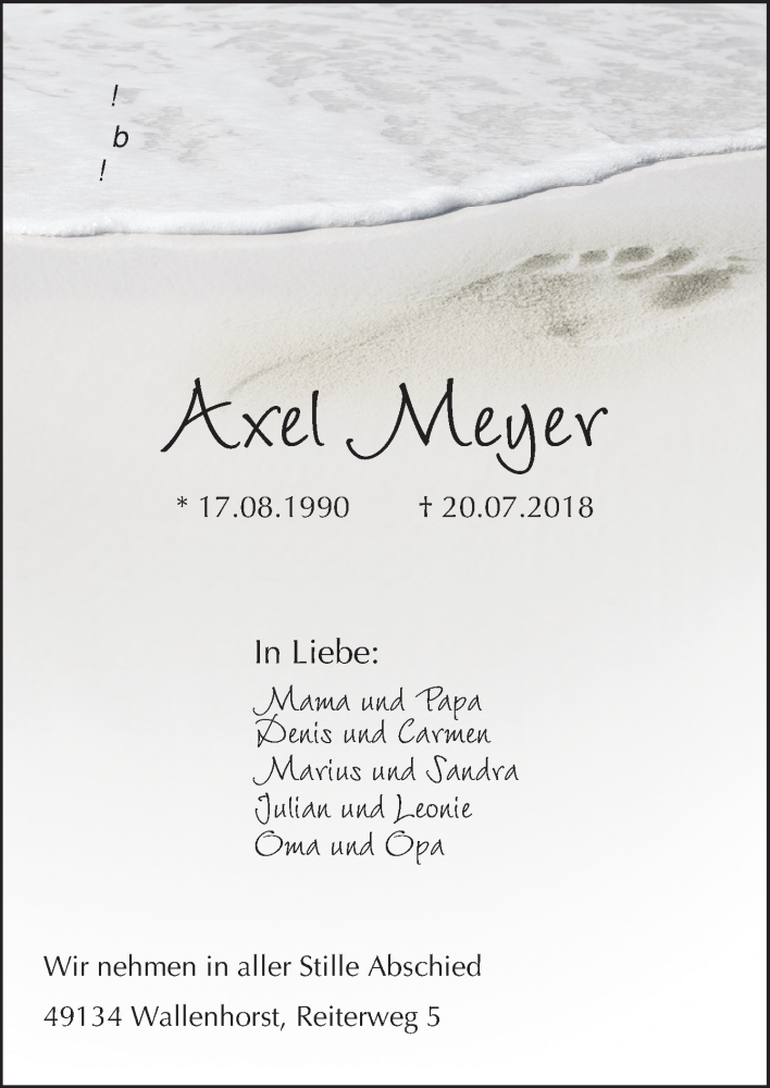  Traueranzeige für Axel Meyer vom 04.08.2018 aus Neue Osnabrücker Zeitung GmbH & Co. KG