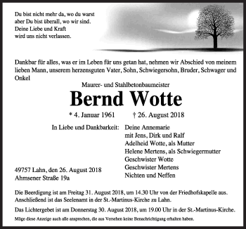 Traueranzeige von Bernd Wotte von Neue Osnabrücker Zeitung GmbH & Co. KG