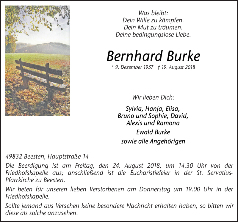  Traueranzeige für Bernhard Burke vom 22.08.2018 aus Neue Osnabrücker Zeitung GmbH & Co. KG