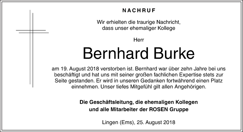  Traueranzeige für Bernhard Burke vom 25.08.2018 aus Neue Osnabrücker Zeitung GmbH & Co. KG