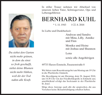 Traueranzeige von Bernhard Kuhl von Neue Osnabrücker Zeitung GmbH & Co. KG