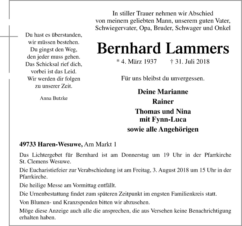 Traueranzeige für Bernhard Lammers vom 02.08.2018 aus Neue Osnabrücker Zeitung GmbH & Co. KG