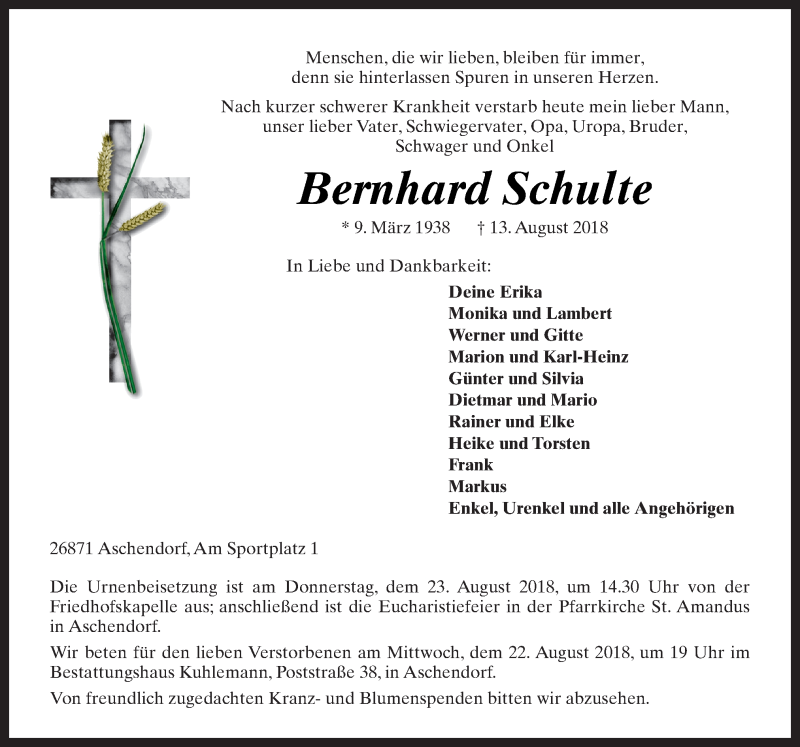 Traueranzeige für Bernhard Schulte vom 17.08.2018 aus Neue Osnabrücker Zeitung GmbH & Co. KG