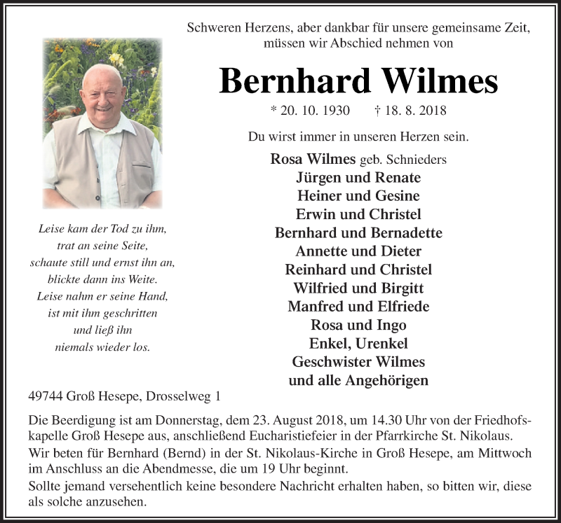  Traueranzeige für Bernhard Wilmes vom 21.08.2018 aus Neue Osnabrücker Zeitung GmbH & Co. KG