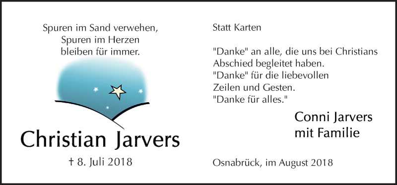  Traueranzeige für Christian Jarvers vom 18.08.2018 aus Neue Osnabrücker Zeitung GmbH & Co. KG