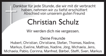 Traueranzeige von Christian Schulz von Neue Osnabrücker Zeitung GmbH & Co. KG