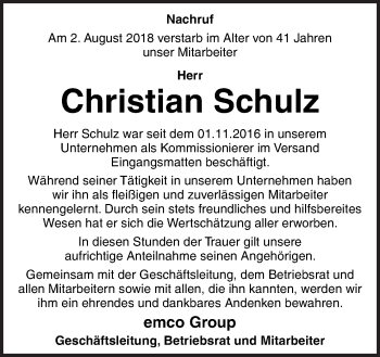 Traueranzeige von Christian Schulz von Neue Osnabrücker Zeitung GmbH & Co. KG