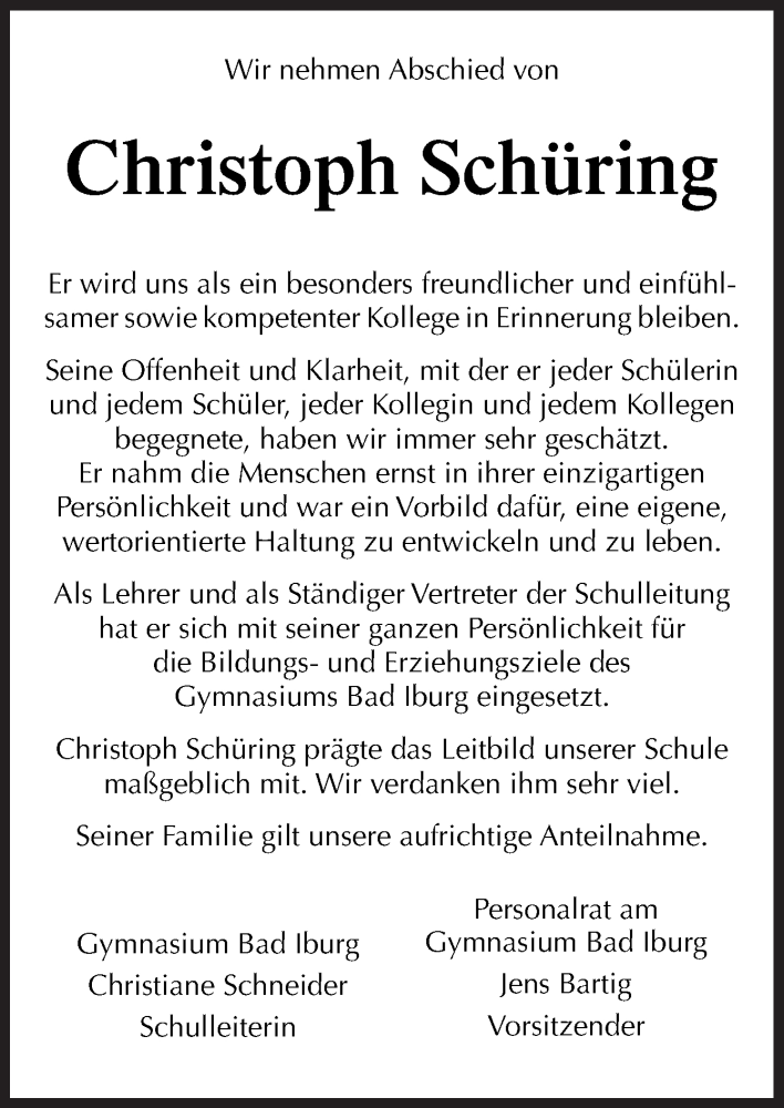  Traueranzeige für Christoph Schüring vom 24.08.2018 aus Neue Osnabrücker Zeitung GmbH & Co. KG