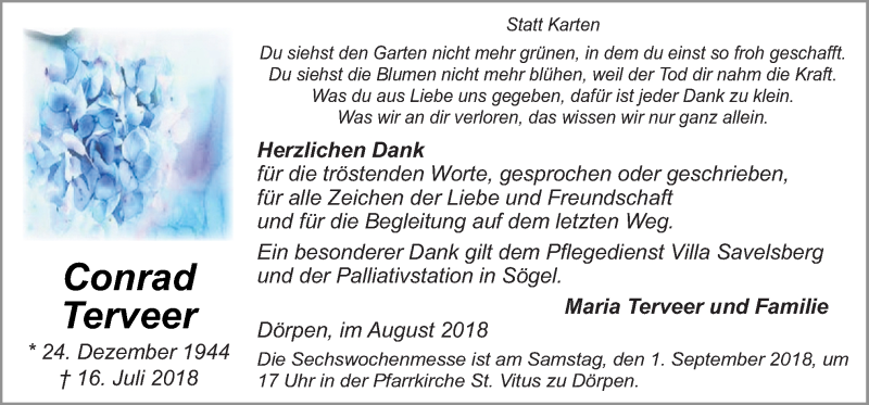  Traueranzeige für Conrad Terveer vom 29.08.2018 aus Neue Osnabrücker Zeitung GmbH & Co. KG
