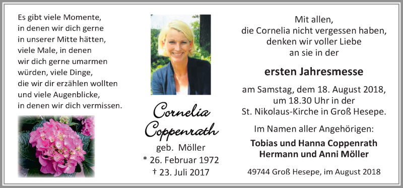  Traueranzeige für Cornelia Coppenrath vom 15.08.2018 aus Neue Osnabrücker Zeitung GmbH & Co. KG