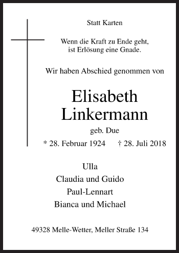 Traueranzeige von Elisabeth Linkermann von Neue Osnabrücker Zeitung GmbH & Co. KG