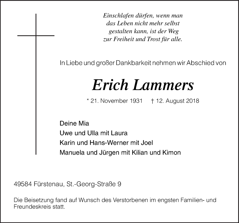  Traueranzeige für Erich Lammers vom 27.08.2018 aus Neue Osnabrücker Zeitung GmbH & Co. KG