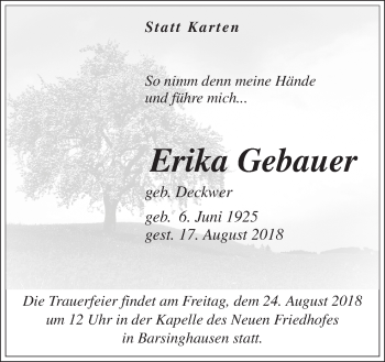 Traueranzeige von Erika Gebauer von Neue Osnabrücker Zeitung GmbH & Co. KG