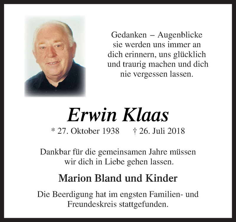  Traueranzeige für Erwin Klaas vom 18.08.2018 aus Neue Osnabrücker Zeitung GmbH & Co. KG
