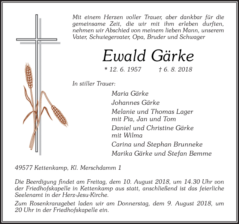 Traueranzeige für Ewald Gärke vom 08.08.2018 aus Neue Osnabrücker Zeitung GmbH & Co. KG