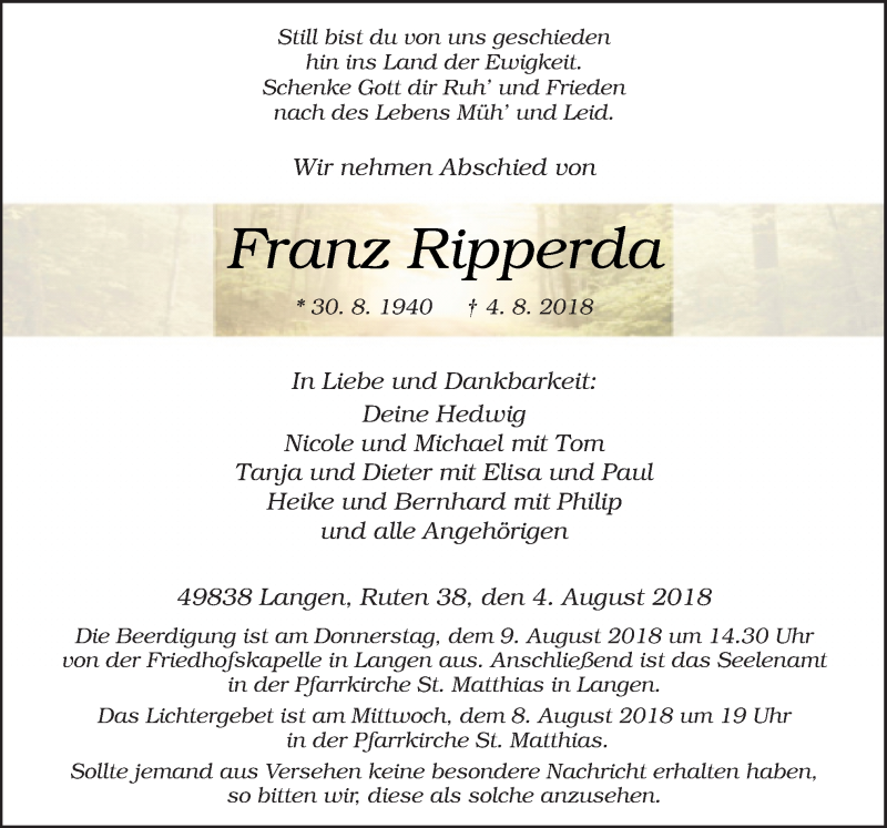  Traueranzeige für Franz Ripperda vom 07.08.2018 aus Neue Osnabrücker Zeitung GmbH & Co. KG