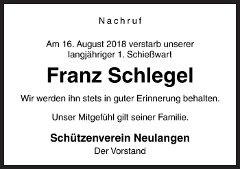Traueranzeige von Franz Schlegel von Neue Osnabrücker Zeitung GmbH & Co. KG