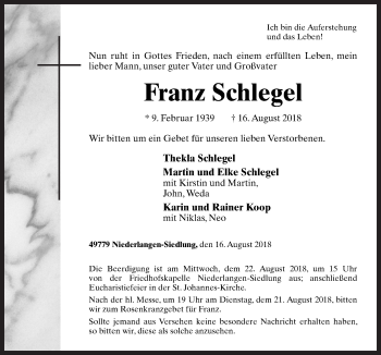 Traueranzeige von Franz Schlegel von Neue Osnabrücker Zeitung GmbH & Co. KG
