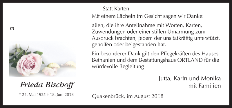  Traueranzeige für Frieda Bischoff vom 04.08.2018 aus Neue Osnabrücker Zeitung GmbH & Co. KG