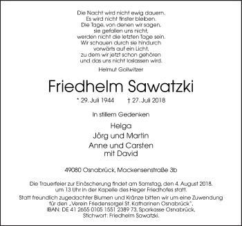 Traueranzeige von Friedhelm Sawatzki von Neue Osnabrücker Zeitung GmbH & Co. KG