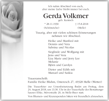 Traueranzeige von Gerda Volkmer von Neue Osnabrücker Zeitung GmbH & Co. KG