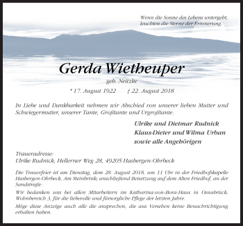 Traueranzeige von Gerda Wietheuper von Neue Osnabrücker Zeitung GmbH & Co. KG