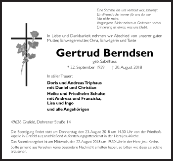 Traueranzeige von Gertrud Berndsen von Neue Osnabrücker Zeitung GmbH & Co. KG