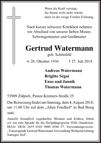 Traueranzeige von Gertrud Watermann von Neue Osnabrücker Zeitung GmbH & Co. KG