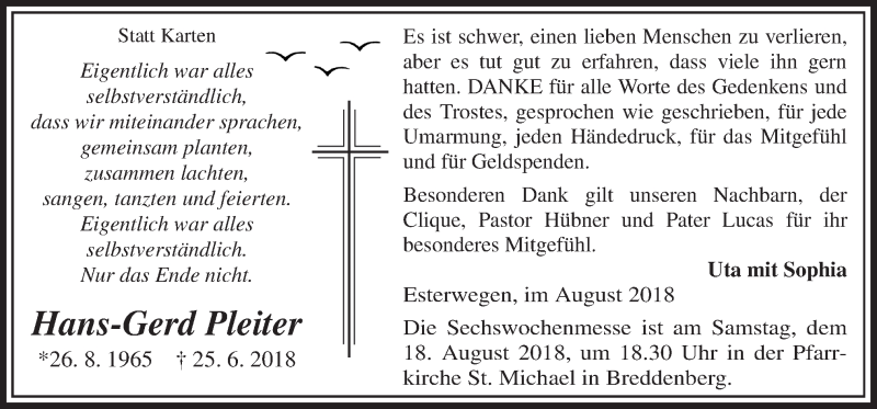  Traueranzeige für Hans-Gerd Pleiter vom 15.08.2018 aus Neue Osnabrücker Zeitung GmbH & Co. KG