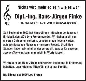 Traueranzeige von Hans-Jürgen Finke von Neue Osnabrücker Zeitung GmbH & Co. KG