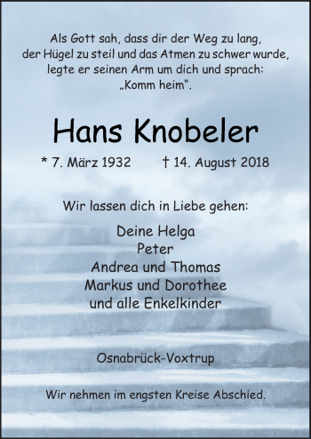 Traueranzeige von Hans Knobeler von Neue Osnabrücker Zeitung GmbH & Co. KG