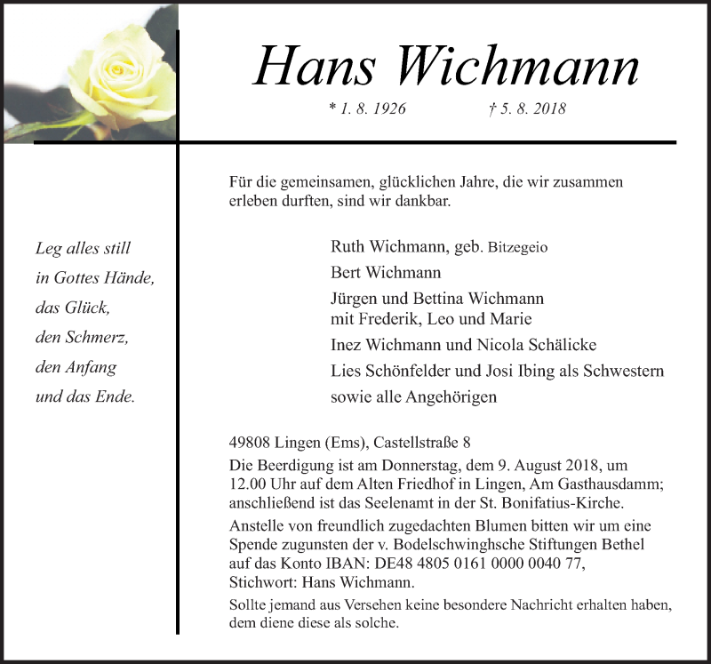  Traueranzeige für Hans Wichmann vom 08.08.2018 aus Neue Osnabrücker Zeitung GmbH & Co. KG