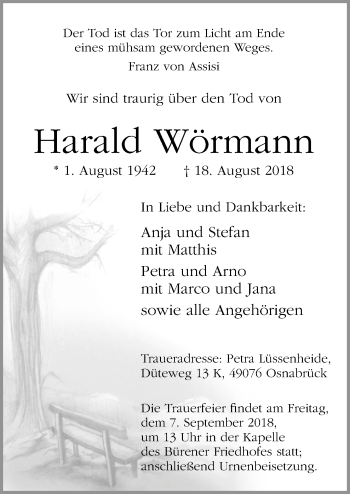 Traueranzeige von Harald Wörmann von Neue Osnabrücker Zeitung GmbH & Co. KG