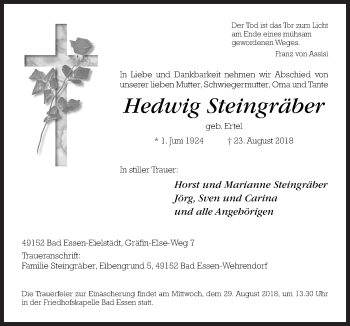 Traueranzeige von Hedwig Steingräber von Neue Osnabrücker Zeitung GmbH & Co. KG