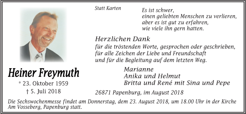  Traueranzeige für Heiner Freymuth vom 18.08.2018 aus Neue Osnabrücker Zeitung GmbH & Co. KG