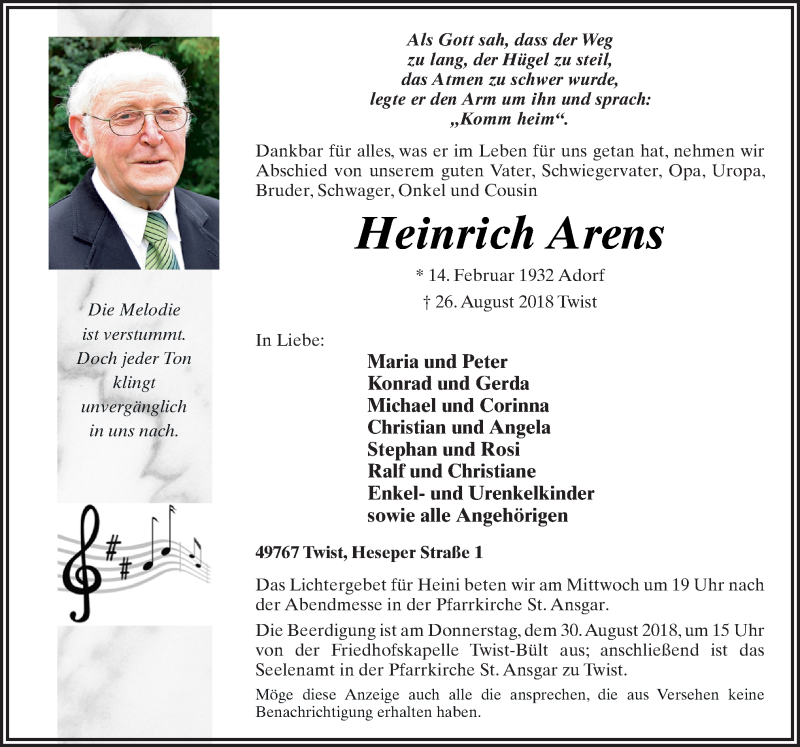  Traueranzeige für Heinrich Arens vom 28.08.2018 aus Neue Osnabrücker Zeitung GmbH & Co. KG