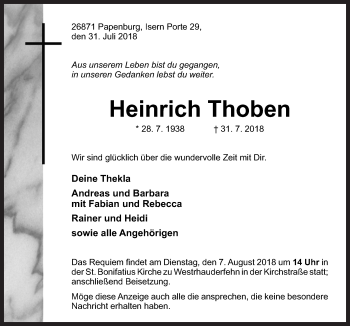 Traueranzeige von Heinrich Thoben von Neue Osnabrücker Zeitung GmbH & Co. KG