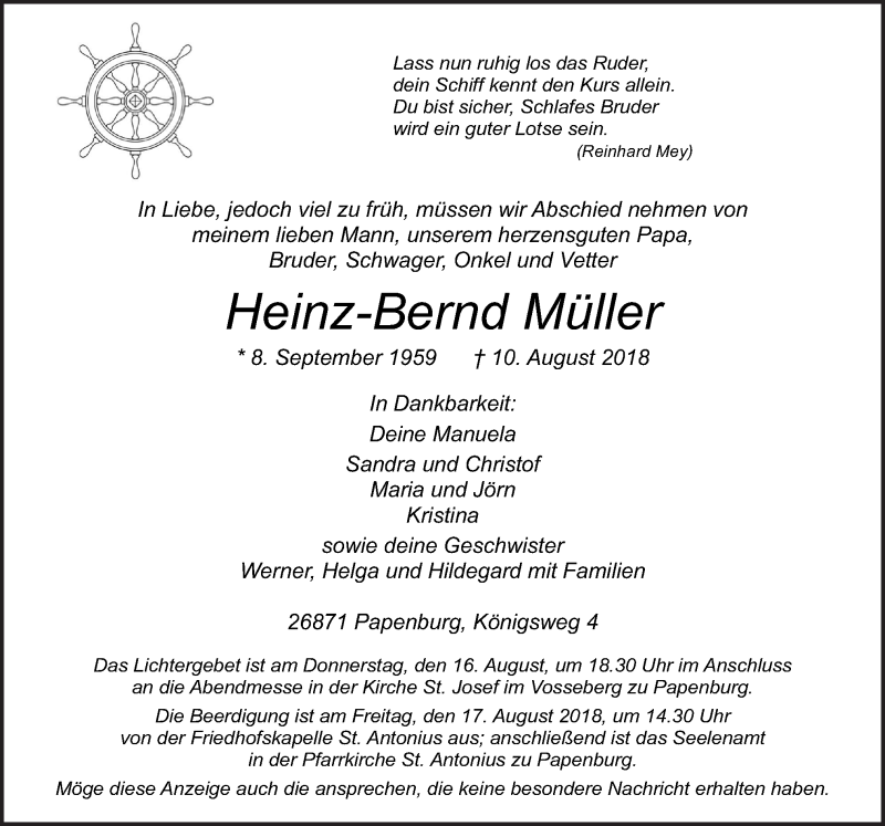  Traueranzeige für Heinz-Bernd Müller vom 13.08.2018 aus Neue Osnabrücker Zeitung GmbH & Co. KG