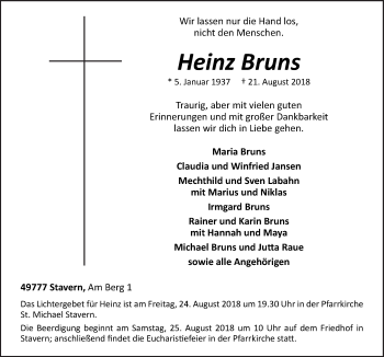 Traueranzeige von Heinz Bruns von Neue Osnabrücker Zeitung GmbH & Co. KG