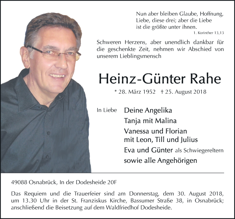  Traueranzeige für Heinz-Günter Rahe vom 28.08.2018 aus Neue Osnabrücker Zeitung GmbH & Co. KG