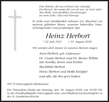 Traueranzeige von Heinz Herbort von Neue Osnabrücker Zeitung GmbH & Co. KG