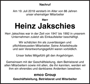 Traueranzeige von Heinz Jakschies von Neue Osnabrücker Zeitung GmbH & Co. KG